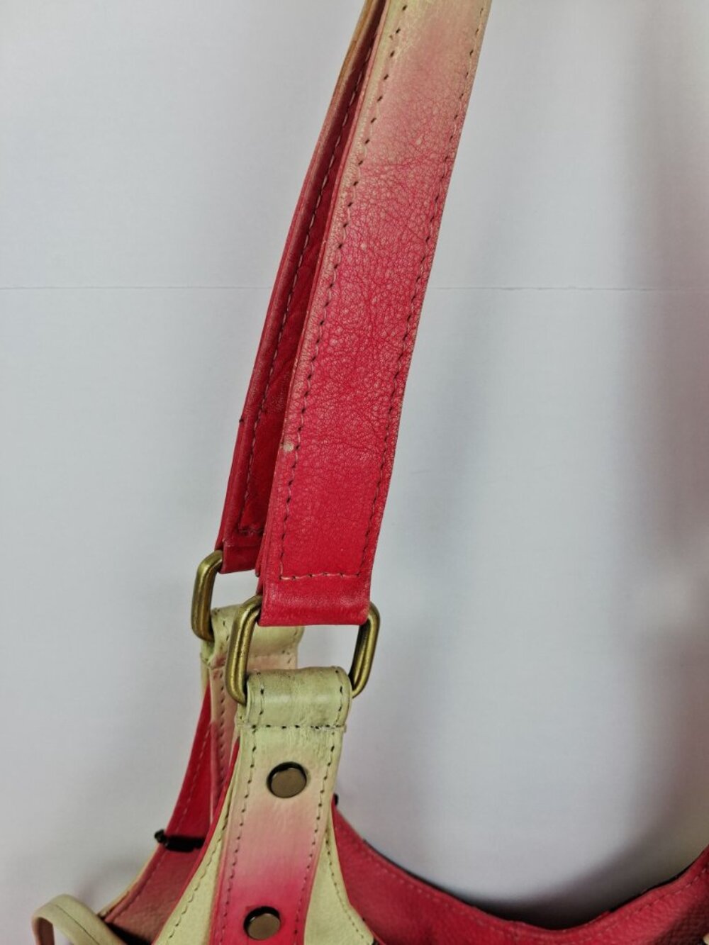 Retro 60s 70s Red Cream Floral Genuine Soft Leather Shoulder Bag Double Handle - Picture 16 of 16